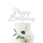 Happy Birthday Cake Topper - White Glitter